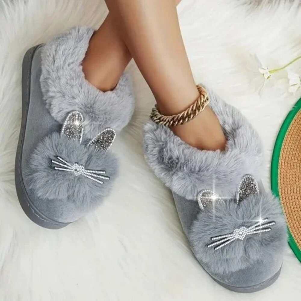 *SOLD* New Cozy & Cute Cartoon Rhinestone Cat Winter Slippers 8 1/2  9